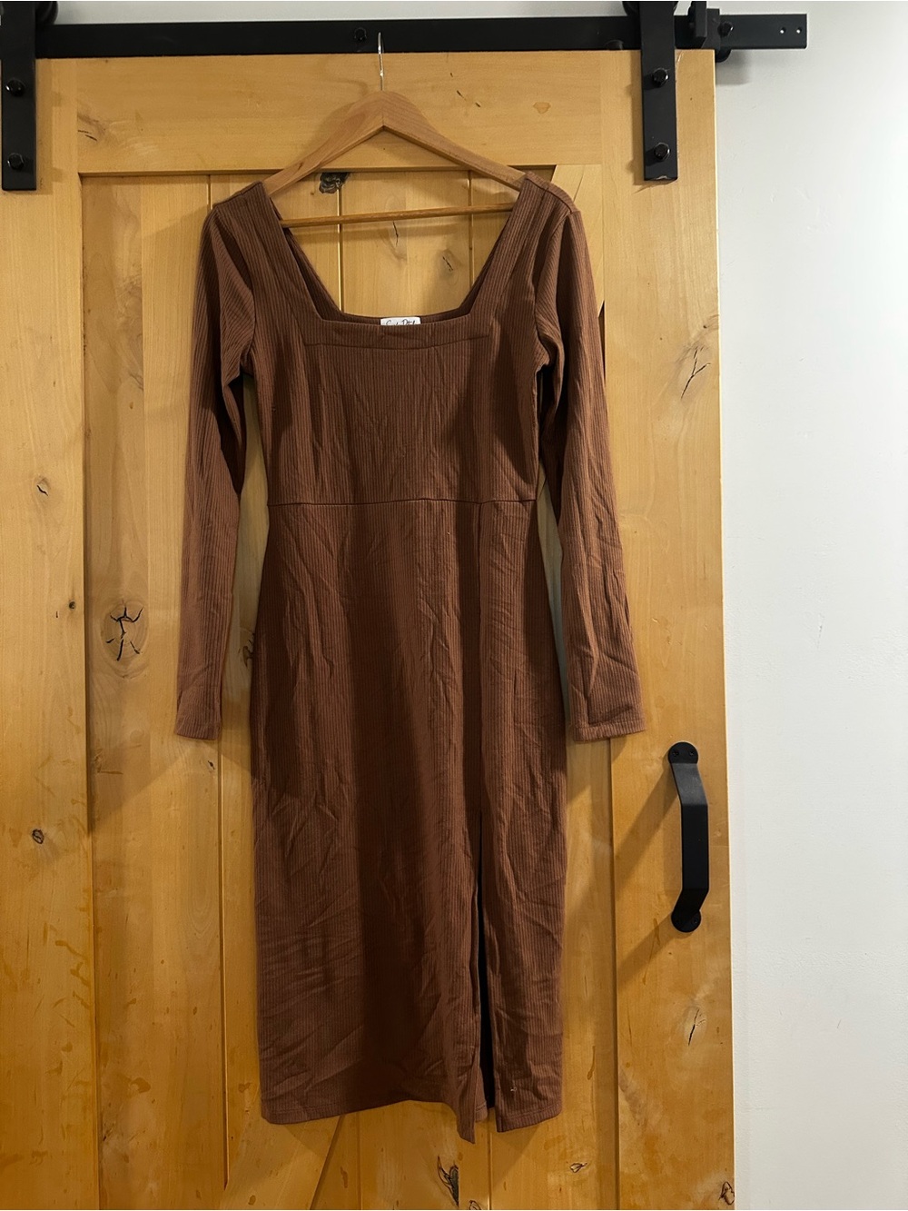 Square-Neck Long-Sleeve Midi Dress in Brown